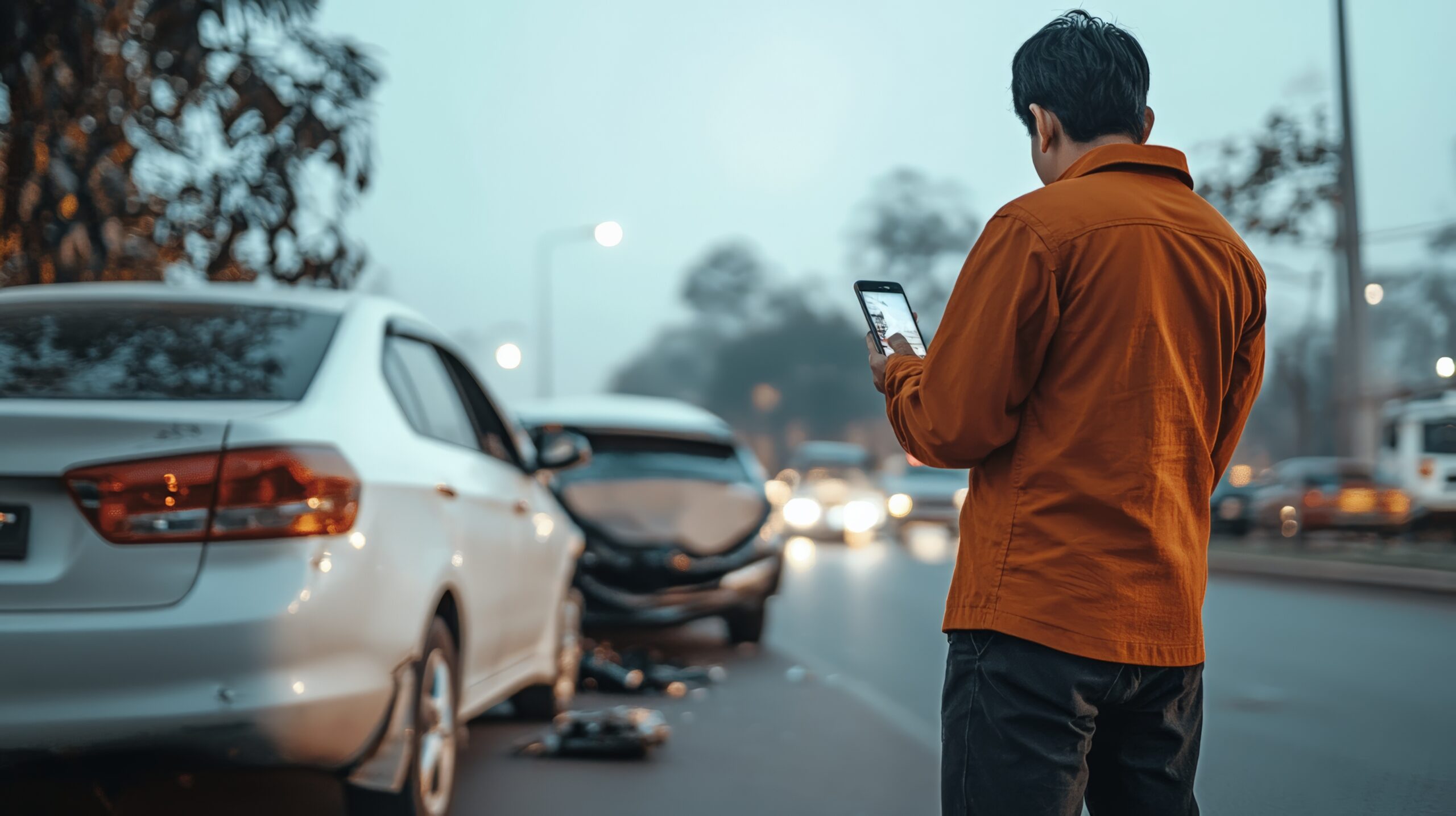 Man using smartphone after traffic accident on city street collision repair