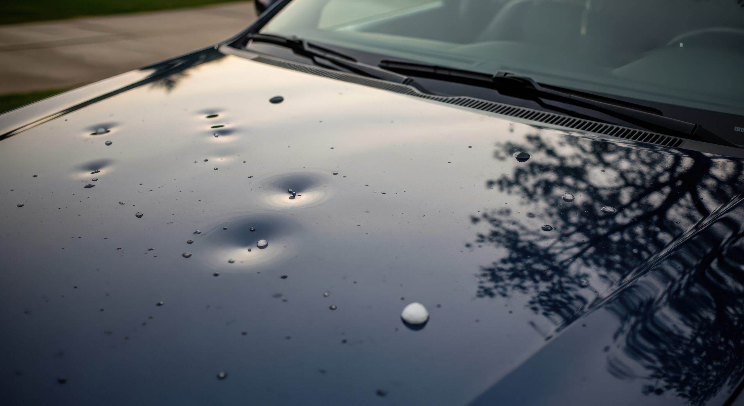 A close-up view of a car hood with water droplets and visible dents. The surface reflects surrounding trees and sky, indicating recent rain or hail damage. auto hail damage repair